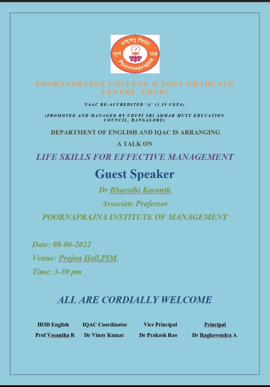 A talk on LIFE SKILLS FOR EFFECTIVE MANAGEMENT 
